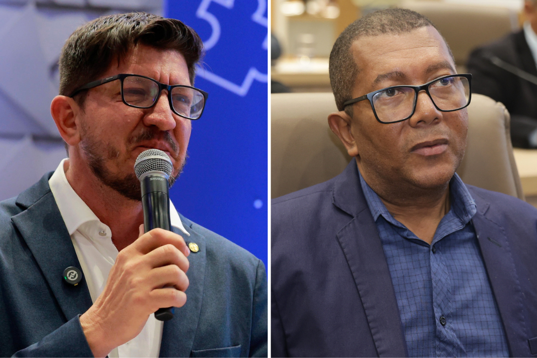 do lado esquerdo o deputado federal, Glaustin da Fokus e ao lado direito, o vereador Professor Clusemar